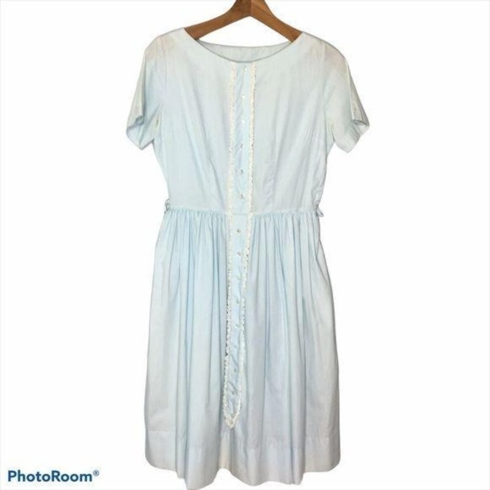Vintage 50's Baby Blue Shirt Dress, Lace Bib and Darts, Waist Pleats, Rockabilly